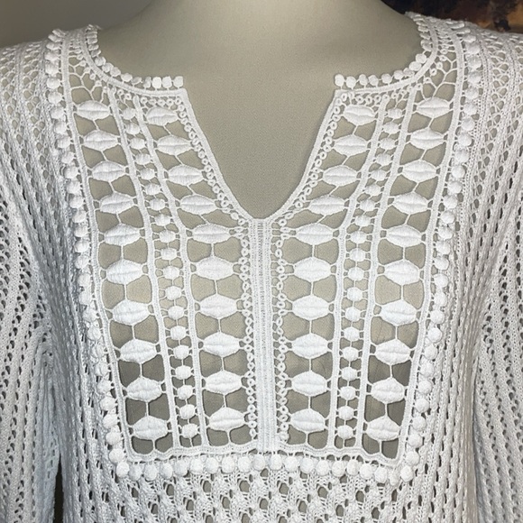 Chico’s Open Knit Crochet V-Neck Sweater Women Size 2 (12) 3/4 Sleeve White - Picture 5 of 11